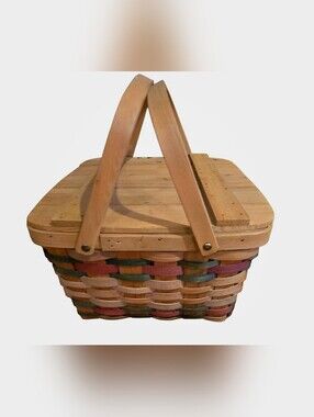 Basketville Vermont Picnic Basket Hinged Lid Double Handled Colored Accent Weave